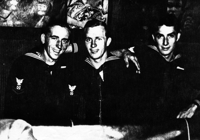 1944 in San Francisco-L-R, "Snuffy" Wallace BM2, "Bud" Kalosky BM2, "Tony" Cibelli COX.
