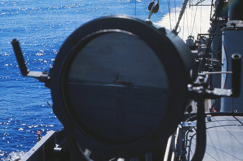 Carrier reflected in USS Sproston (DD-577) signal light - May 1966