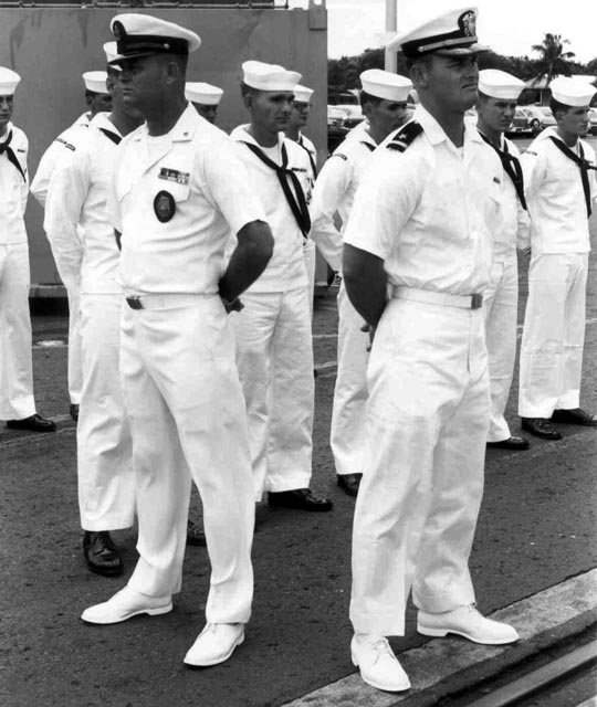USS Sproston (DD-577) CMAA and Division Officer awaiting Inspection Party, Baker Pier, Honolulu, Hawaii - 1966