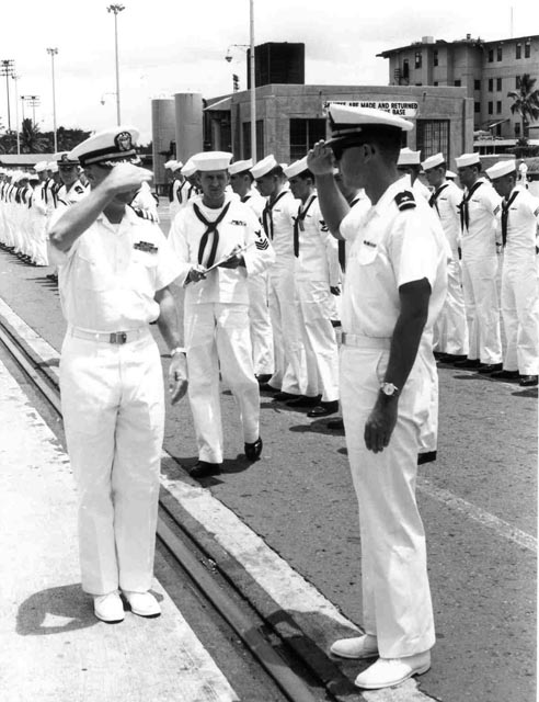 USS Sproston (DD-577) CDR Hoffman conducting a Personal Inspection, Baker Pier, Honolulu, Hawaii - 1966
