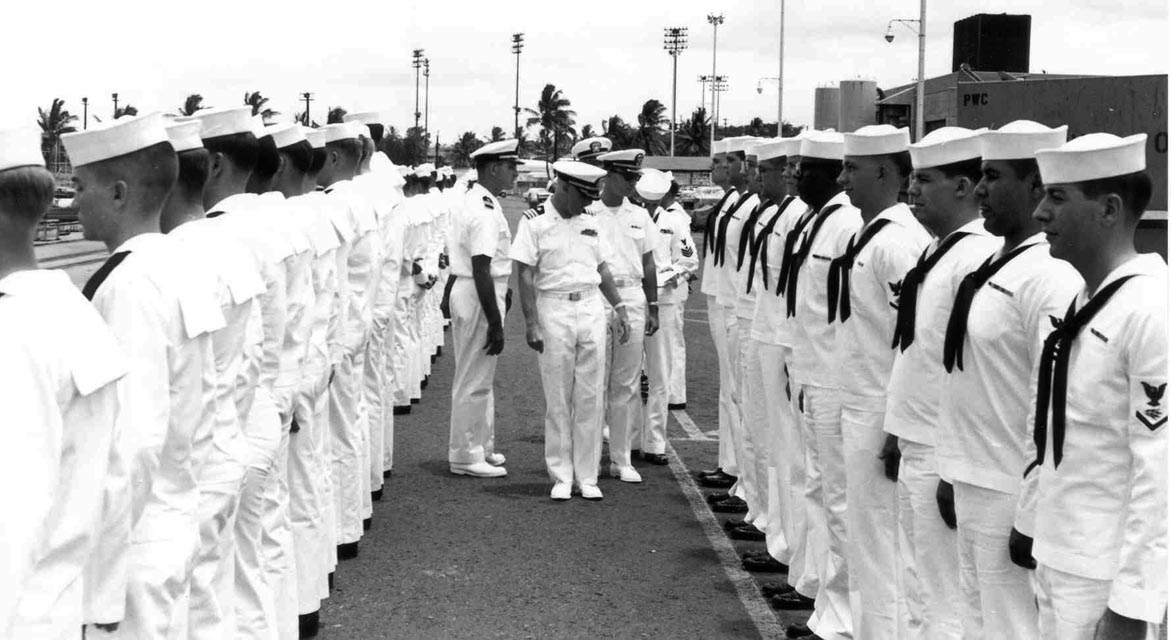 USS Sproston (DD-577) CDR Hoffman conducting a Personal Inspection, Baker Pier, Honolulu, Hawaii - 1966