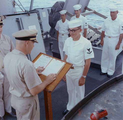 USS Sproston Sailors of the Month - DK3 & Commander Hoffman