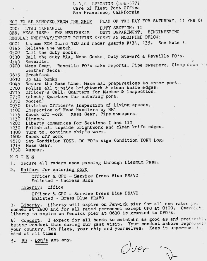 Plan of the Day (POD) page 1 - USS Sproston - February 11, 1961