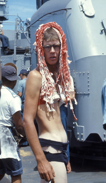 SN J. Dockins crossing the equator - USS Sproston 1967