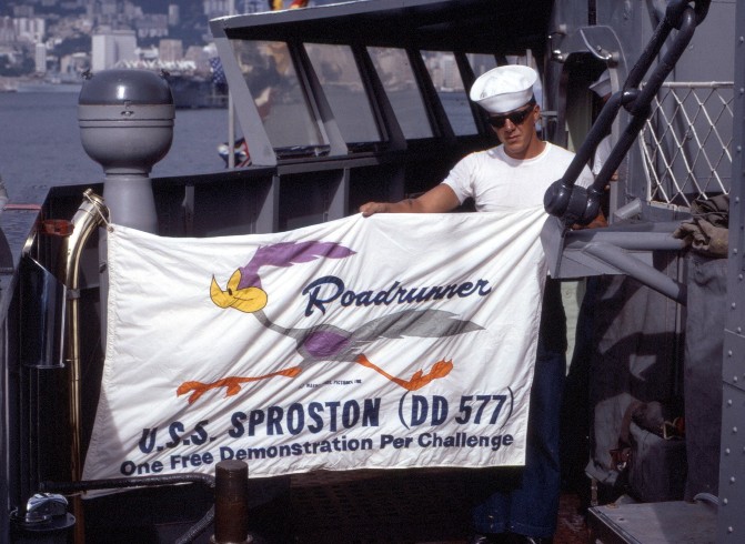 SM3 Weidner & the Roadrunner flag - USS Sproston 1967