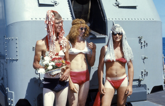 SN J. Dockins, unidentified shipmate, ST2 P. Hartsough crossing the equator - USS Sproston 1967
