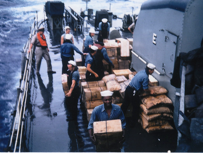 UNREP, stores on the fantail - USS Sproston (DD-577)