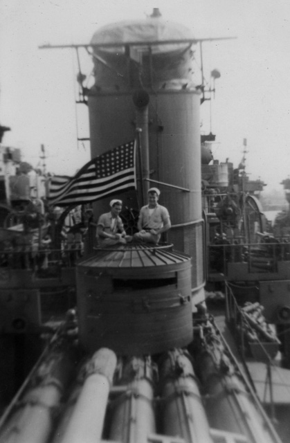 Forsythe & Lanigan on torpedo launcher on the 01 deck