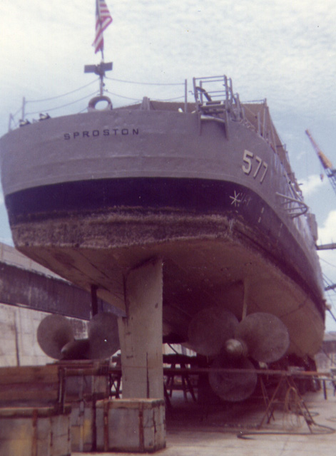 USS Sproston's rudder and screws in dry dock - Pearl Harbor