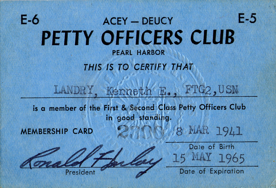 Acey - Deucy Club membership card for 1st and 2nd Class Petty Officers - 1961