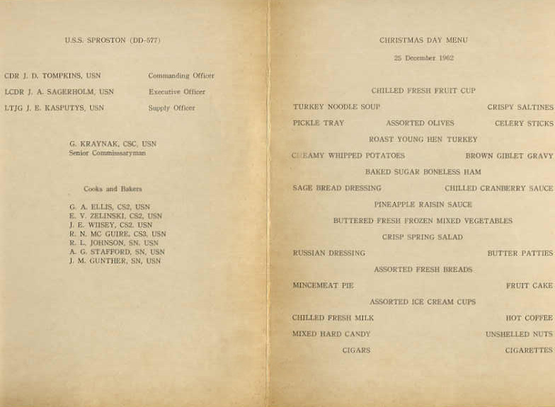 USS Sproston Christmas menu - 1962