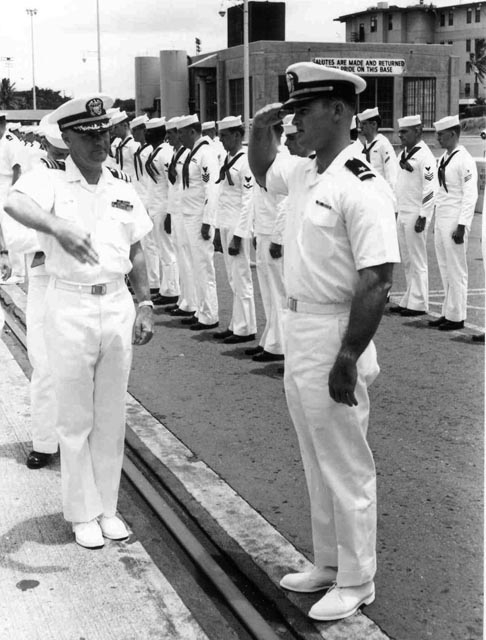USS Sproston (DD-577) CDR  Hoffman ready to begin Personal Inspection, Baker Pier, Honolulu, Hawaii - 1966