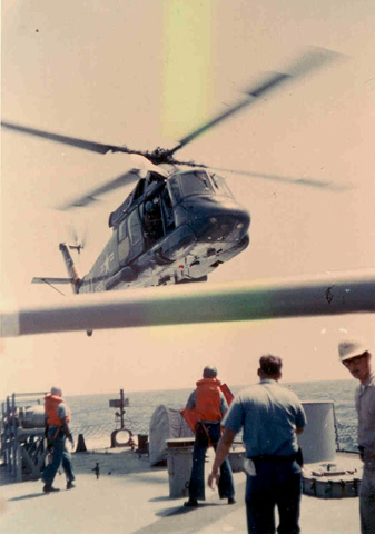 Helio approaching the fantail of the USS Sproston (DD-577)