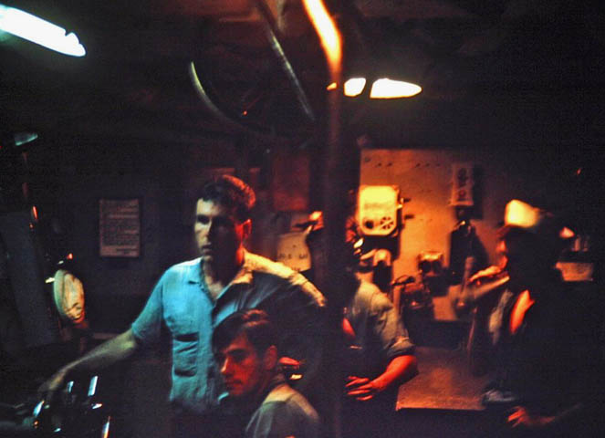 Engineering shipmates in the Engine Room, main controls - USS Sproston 