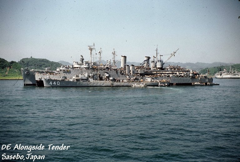 USS McCoy Reynolds (DE 440) and another ship along side USS Cascade (AD 16) - Sasebo, Japan