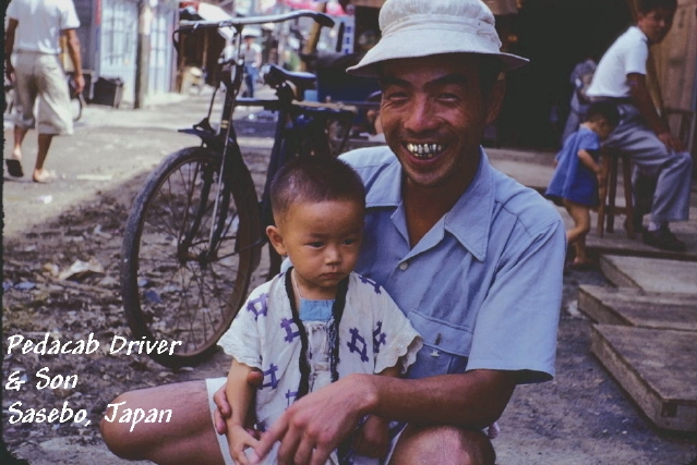 Pedacab driver & Son - Sasebo, Japan 1953