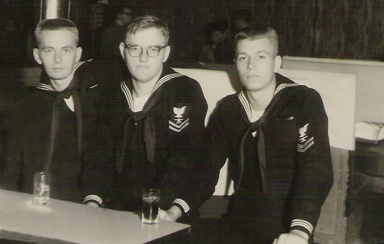 TM2 Steve Cline, FT2 Gus Carroll & FT2 Ken Landry during 1962 cruise - Hong Kong