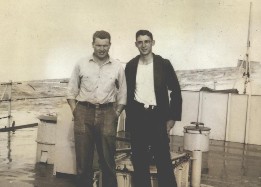 Len Doran and Doug Jones aboard the USS Sproston - 1955