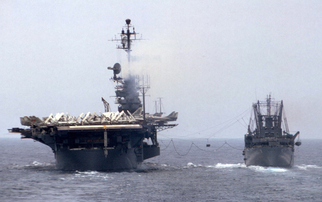Underway refuel and rearm - USS Ticonderoga (CVA-14) & USS Shasta (AE-6) 1967