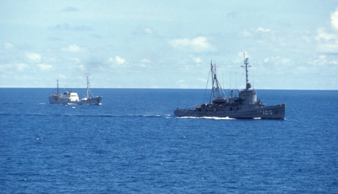Russian trawler and USS Moctobi (ATF-105) 1967