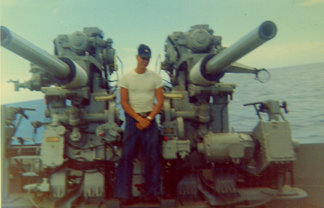 FT2 Ken Landry and the Twin 3 X 50 guns - Mt 31 on USS Sproston