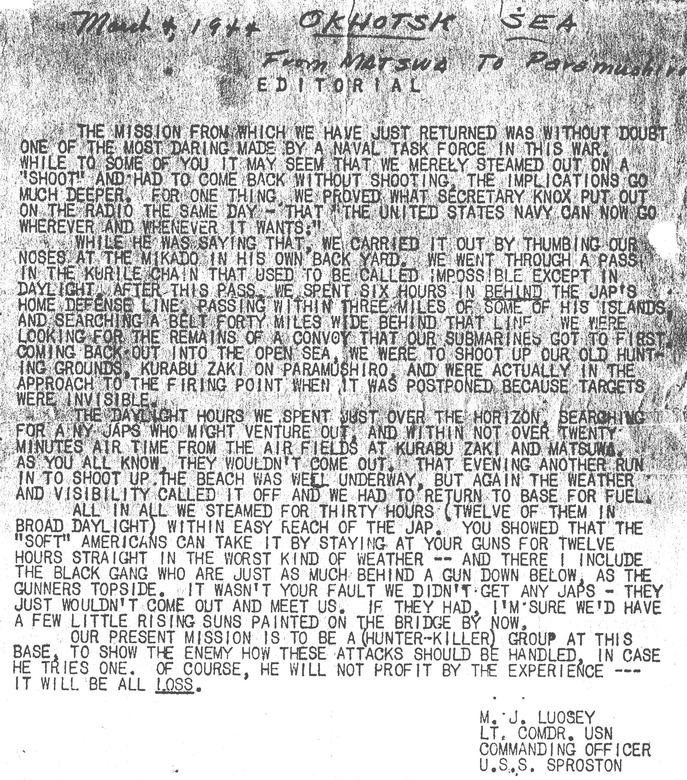 Memo From CO Luosey - March 1944