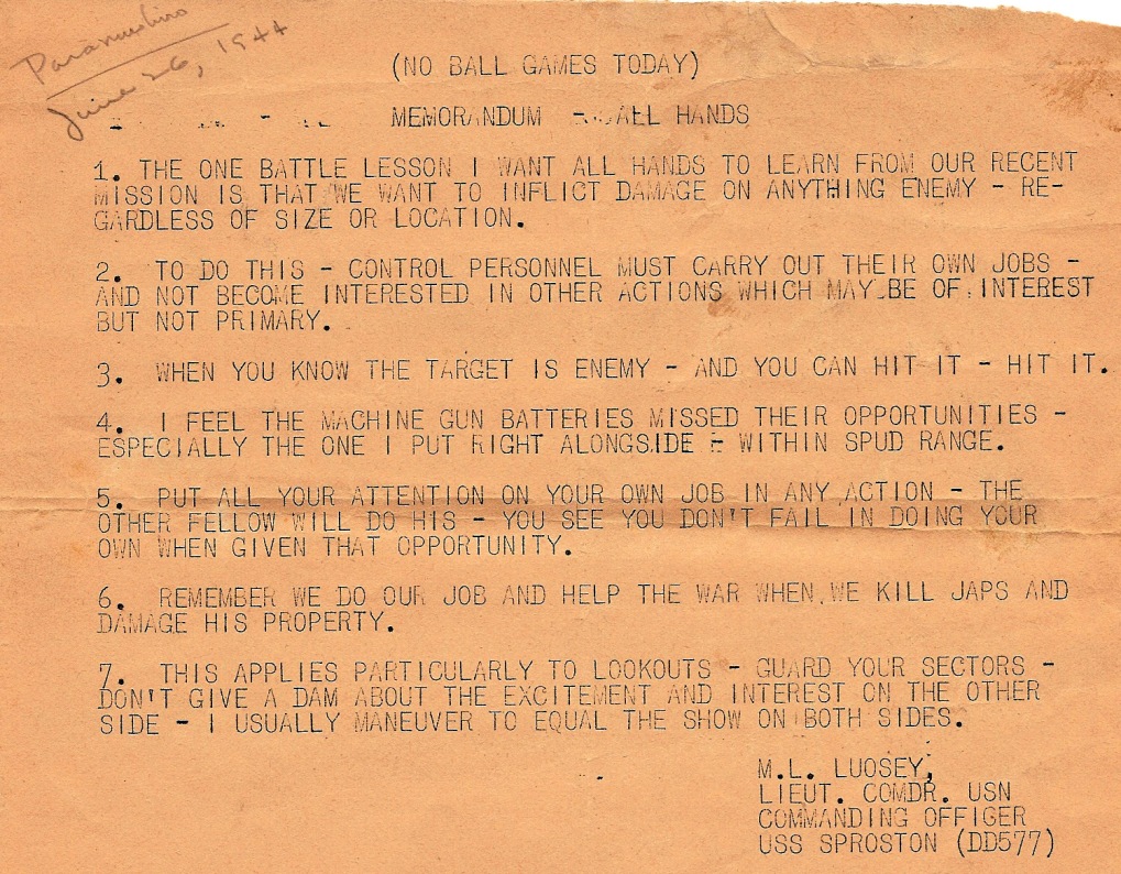 Memo From Commanding Officer - 1944