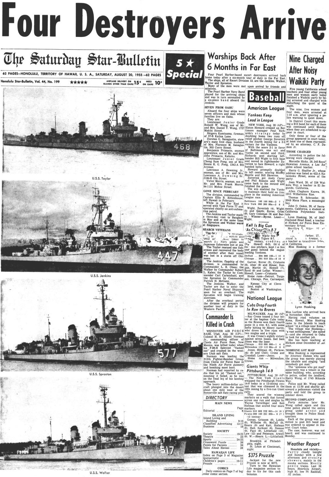 "Four Destroyers Arrive." Article from the The Saturday Star-Bulletin - Saturday, August 20, 1955.